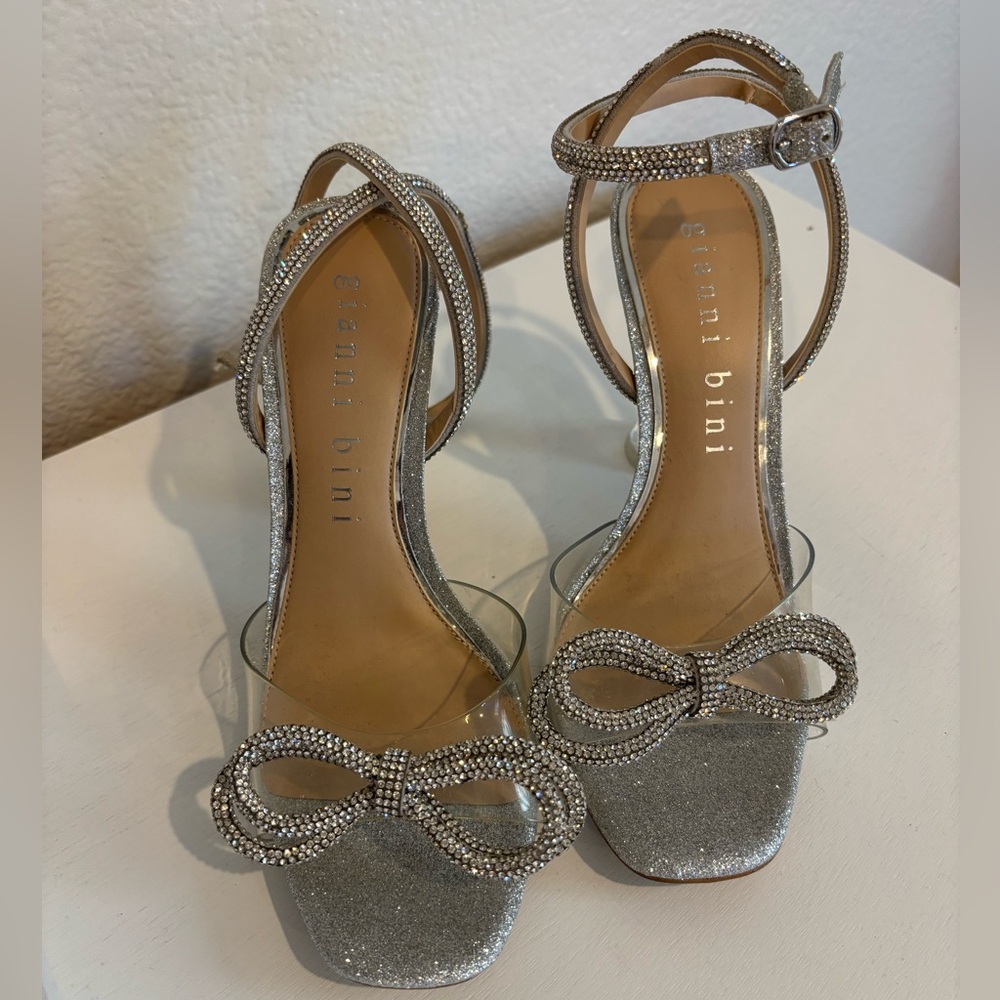 Gianni Bini Silver Rhinestone Bow Heeled Sandals